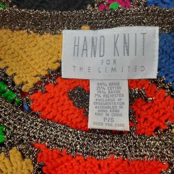 Vintage Jennifer Reed Hand Knit for The Limited Patchwork Afghan Sweater Small - Picture 9 of 10